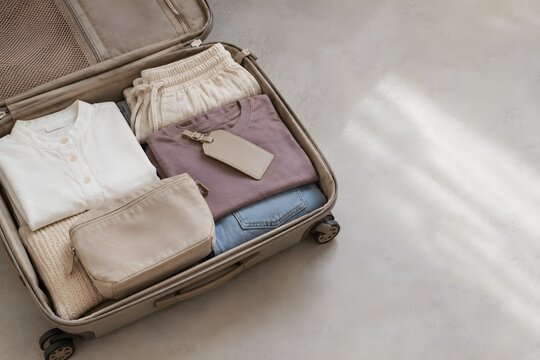 Open suitcase with folded clothes after summer vacation
