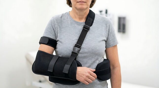 Person wearing a black medical arm sling and shoulder immobilizer brace for injury recovery in a clinical office setting environment