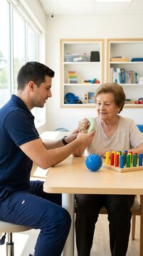 Occupational therapist helping an elderly woman with hand dexterity exercises using a colorful pegboard and a blue spiky sensory ball in a clinic