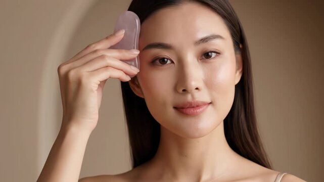 Rose Quartz Gua Sha Skincare Face Massage Young Asian Woman Enjoys Tranquility, Serene Beauty Treatment for Wellness Self Care