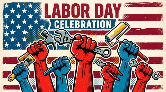 Retro Labor Day celebration with fists holding tools.
