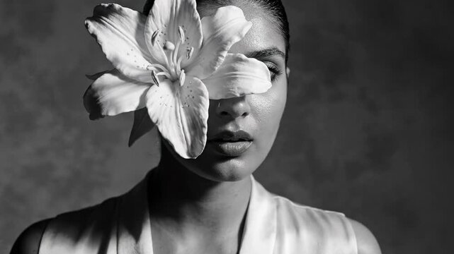 Captivating Portrait Woman, Flower Obscures Eye, Mystery, Vulnerability, Subtle Emotion, Contemplation, Black and White Impactful Visual, Unveiling Delicate Beauty, Thoughtful Serenity, Expressive