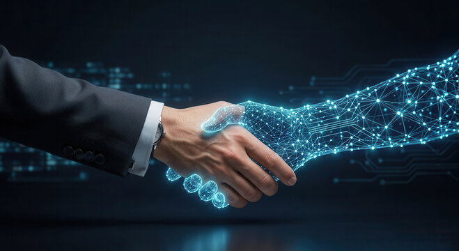 Human handshake with ai digital hand symbolizing collaboration and futuristic technology connection in dark background