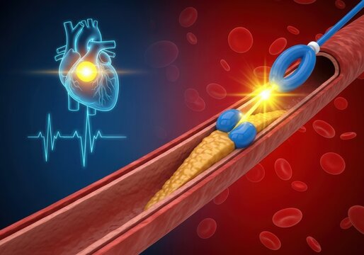 Pacemaker device implanted near glowing heart isolated on white background