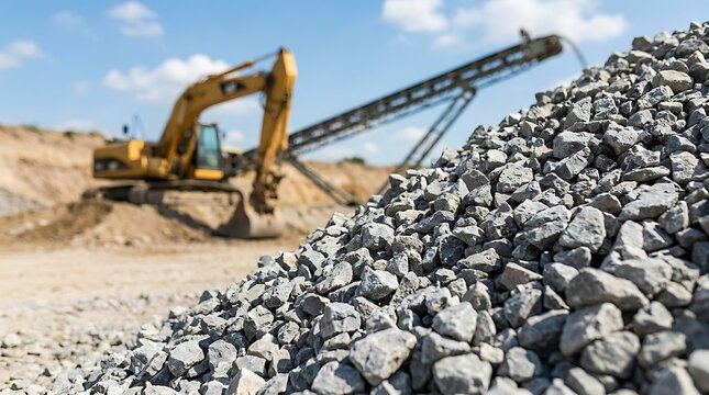 Large pile of gray crushed rocks in the foreground with a yellow excavator and conveyor belt operating at a construction site under blue sky