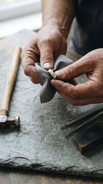 Jeweler hands using a soft gray cloth to polish a simple silver ring on a dark stone workbench with metal tools and a wooden hammer nearby