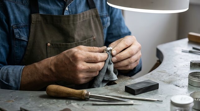 Jeweler wearing a denim shirt and brown apron polishing a silver ring with a soft gray cloth at a workbench with various metal tools