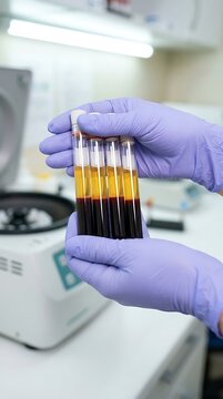 Laboratory technician holding four glass test tubes filled with separated plasma and red cells in a medical clinic setting