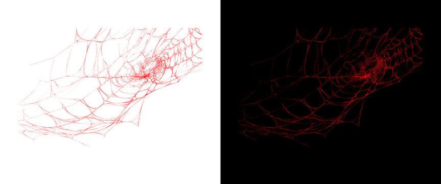 Red spider web overlay set, spooky cobweb textures on black and white backgrounds, Halloween design elements