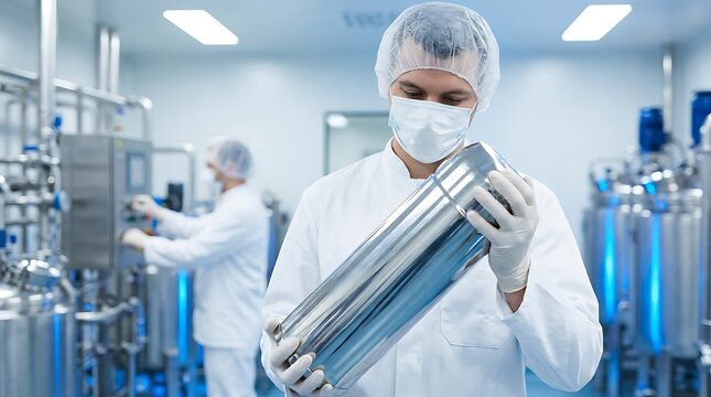 Laboratory worker in a white suit and mask holding a large stainless steel container in a pharmaceutical manufacturing facility with tanks