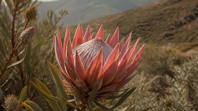 Close-up of a pink protea flower with mountainous terrain in background