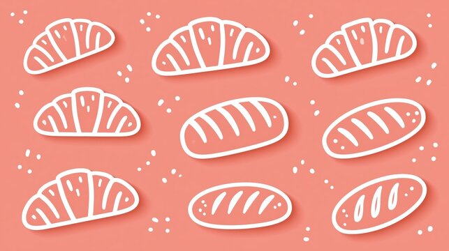 Seamless pattern of hand drawn croissants and bread loaves illustration on pastel coral background for bakery design and decorative textures