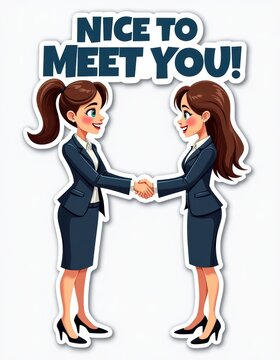 Professional women shaking hands in business attire with greeting message