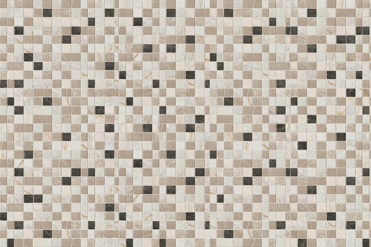 Close up of a square mosaic tile pattern featuring a mix of beige, cream, and dark brown stone pieces with natural veining and texture
