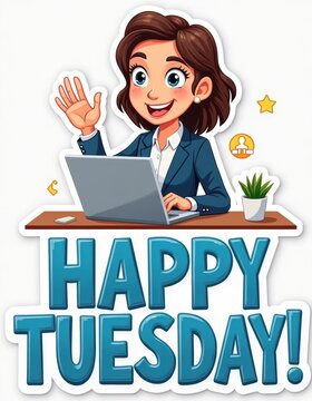 Cheerful businesswoman using laptop at desk with "Happy Tuesday" message for office or workday celebration