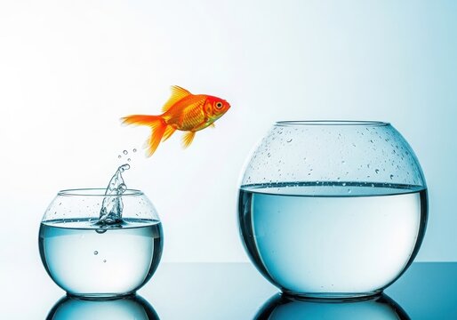 Golden fish jumping between two bowls of water isolated on white background