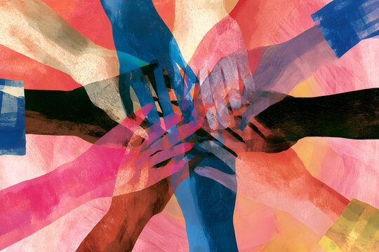 An abstract artwork showcasing hands intertwined in a circle, symbolizing unity and collaboration, is being envisioned