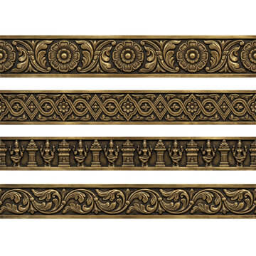 Traditional carved architectural borders with circular medallions, geometric patterns, floral scrollwork, and layered relief
