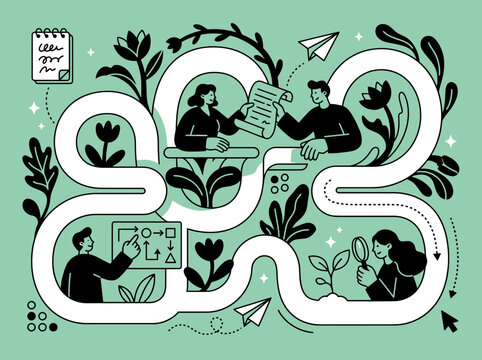 Business strategy development and implementation illustration showing a team collaborating on a plan and executing tasks on a winding path with plants and paper airplanes