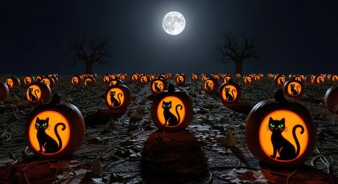 Spooky pumpkin patch at night, with full moon and cat silhouettes aglow