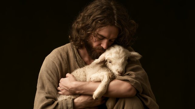 Jesus Christ holds a lamb while showing love and care in a quiet setting