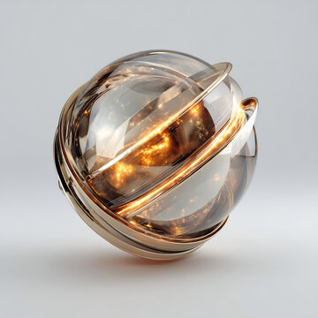Glass sphere with golden glowing particles and metal rings 3D rendered