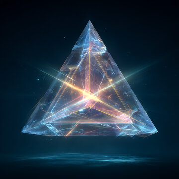 Glowing crystal pyramid with light beams and ethereal energy