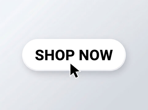 White button with shop now text and computer mouse cursor icon isolated on white background