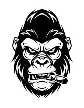 A bold black and white vector illustration of a gorilla face smoking a cigar