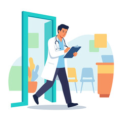 Fototapeta premium Doctor in Coat Writing on Clipboard Walking Through Clinic Doorway, Medical Healthcare Concept