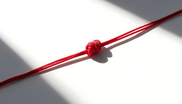 Red string cord tied in a knot on white surface background for destiny, connection, and relationship concepts