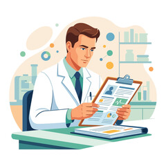 Fototapeta premium Male Scientist in Lab Coat Reviewing Medical Chart with Graphs and Patient Data