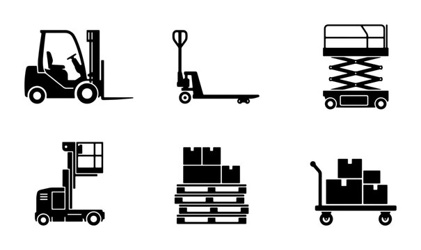 Warehouse Equipment Icons: Forklift, Pallet Jack, Scissor Lift, Cherry Picker, Pallets, Cart