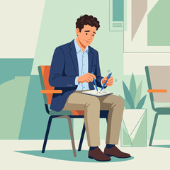 Fototapeta premium Man in Blazer and Khakis Sitting and Writing with Two Pens