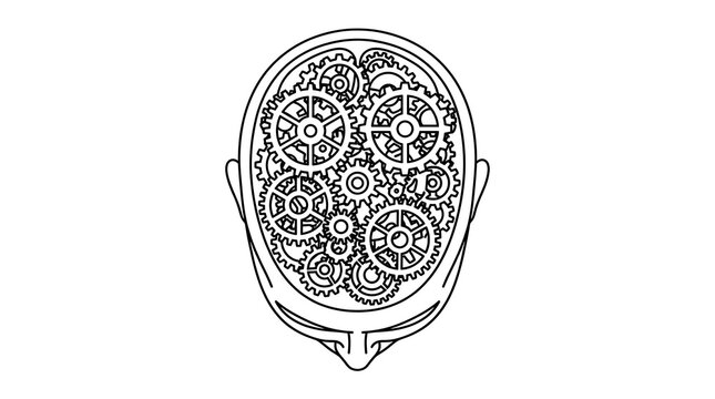 Top view of human head with gears inside line art