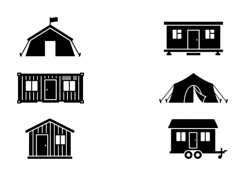 Portable Shelter Icons: Tent, Cabin, Container, Trailer House Vector Set