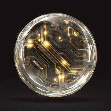 Clear glass orb with glowing golden circuit board pattern 3D rendered