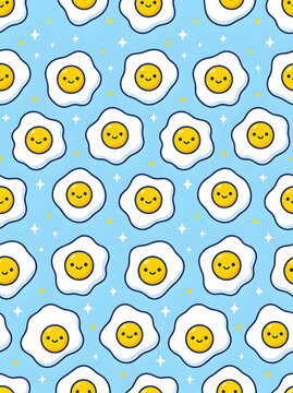 Cute kawaii fried eggs seamless vector pattern on light blue background with sparkling stars