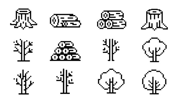Minimalist pixel art forestry and lumber industry icons set depicting trees stumps logs and wood piles.