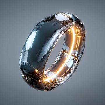Futuristic glowing metal ring with orange light 3D rendered