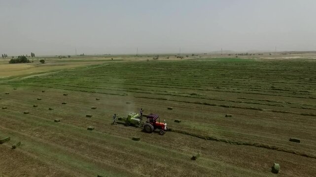 High angle aerial view of agricultural farm showing multiple tractors and machinery operating across large golden and green crop fields during active harvest period in expansive rural area.