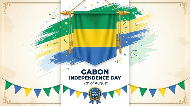 Gabon Independence Day 17th of August watercolor flag artwork banner with bunting