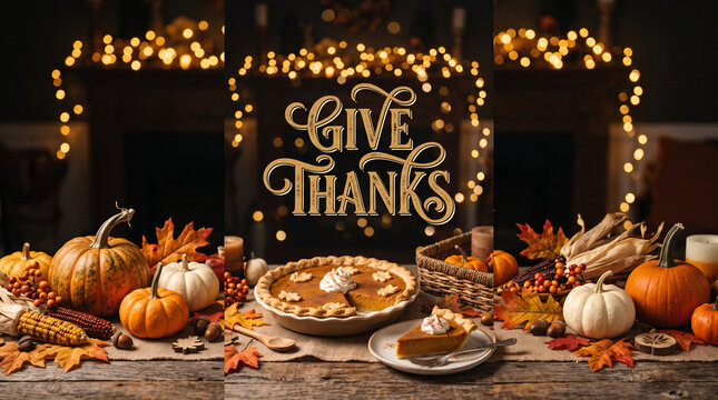 Thanksgiving dinner table with pumpkins and pie under warm festive lights.