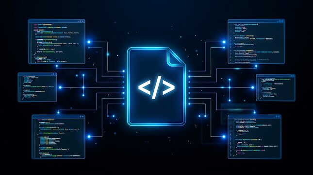 Blue programming code symbol connected to multiple windows for software development