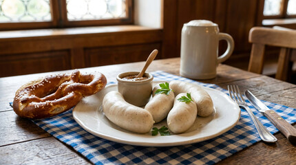 Naklejka premium Traditional Bavarian breakfast featuring white veal sausages on a plate with fresh pretzel sweet mustard and beer on a rustic wooden table