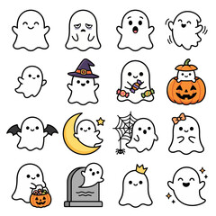 Fototapeta premium Happy halloween-themed ghost and pumpkin cartoon characters set with moon and bat icons