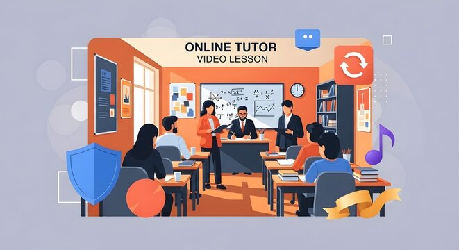 Illustrated online tutor conducting a video lesson with students in a colorful and engaging virtual classroom environment.