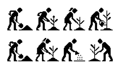 Obraz premium Pixel art people gardening icons set with various actions like digging and watering young trees.