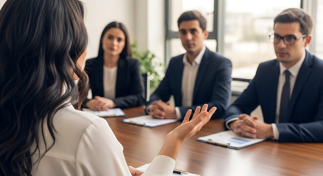 Job Interview Scene with Candidate Speaking to Panelists in Office