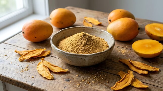 Fresh whole mangoes and dried mango slices with a bowl of mango powder on a rustic wooden table. mango powder